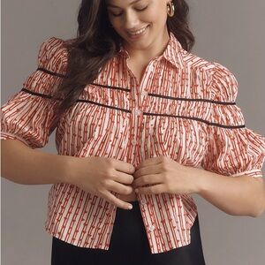 Anthropologie Maeve Leandra Shirred Yoke Blouse Red and White Heart Stripe